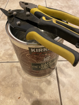 Costco coffee-can, tin-snips and pliers for making a new sensor-bracket